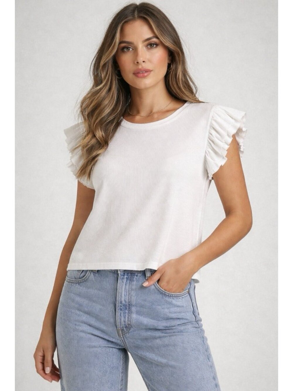 Cotton Emporium Short Sleeve Ruffle Trim T Shirt White Fine Ribbed Cropped M